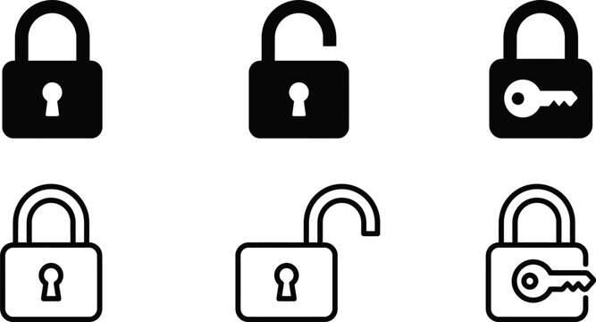 lock padlock icon collection with key hole and key silhouettes in black and white