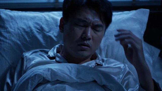 A man experiences deep contemplation and inner turmoil during the night, reflecting on his thoughts and emotions as he lays awake in his bed under dim light.