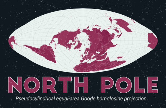 North Pole. World map. Pseudocylindrical equal-area Goode homolosine projection centered to North Pole. Pale Mint Dark Pink palette. Vintage texture. Vibrant vector illustration.