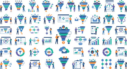Fototapeta premium Digital Marketing Sales Funnel Vector Set with Business Characters Conversion Strategy Lead Generation Analytics Dashboards and Customer Journey Diagram