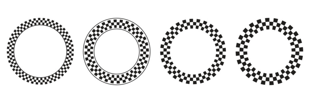 Circle checker frames. Round checkered borders, racing flag circle for start and finish. Geometric warped grid rings, radial mosaic vector set