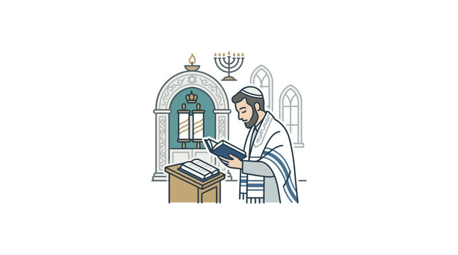 Man Reading Prayer Book in Synagogue Interior