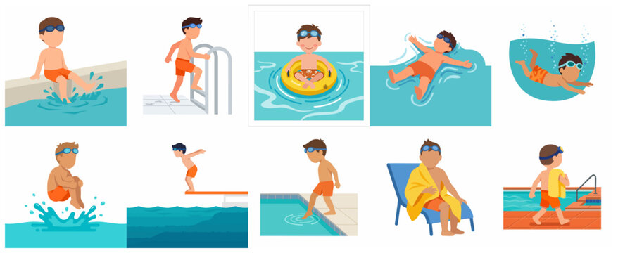 Little Boy Character Swimming and Playing in the Pool Flat Vector Illustration Set
