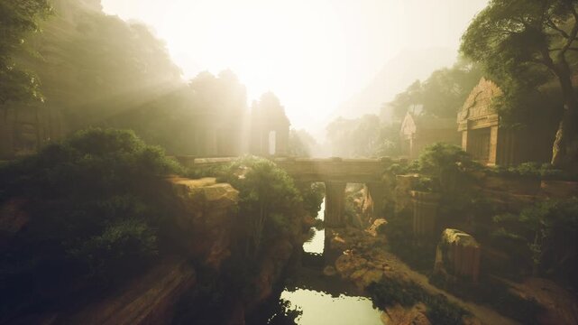 Sunlit ancient stone bridge over river, shrouded in morning mist with rays piercing canopy, mosscovered ruins and cliffs flank tranquil water, cinematic golden