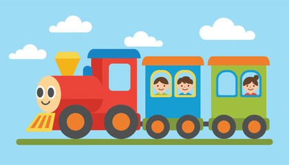 Naklejka premium Colorful toy train with happy children passengers riding in the carriages against a bright blue sky with white clouds.