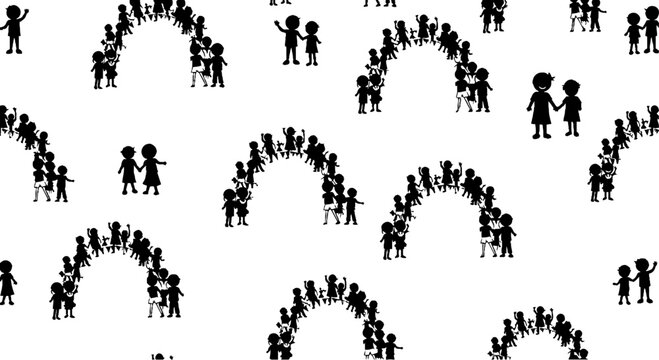Silhouette figures forming interconnected human chain arches.