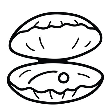 Simple line art drawing of an open clam shell with a single pearl inside.