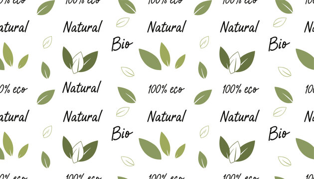 Seamless ecological green pattern featuring organic leaves and hand-drawn bio and natural text on white background.