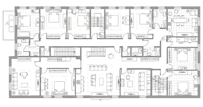 Detailed architectural drawing showing a floor plan layout for a residential building with multiple apartments including room designations furniture arrangements and structural elements for