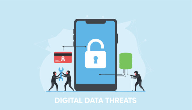 Cyber security concept illustration showing hackers attacking smartphone databases and credit card details.
