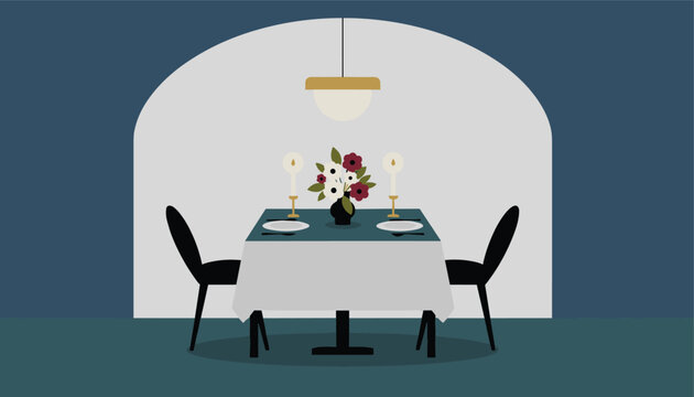 Romantic dinner table setting for two with flowers, candles, and plates in a cozy dining room under warm light.