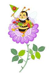 Fototapeta premium Baby bee with toys - truck, ball and small flag - sits on beautiful flower.