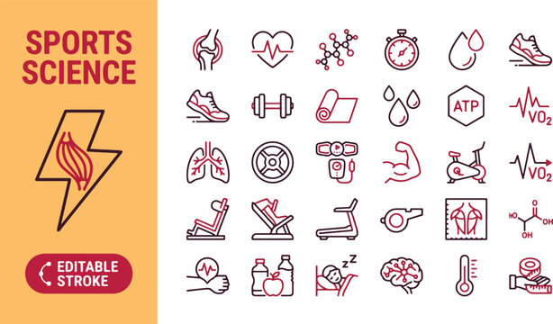 Sports science and medicine line icon set. Physiotherapy, muscle recovery, biomechanics, metabolism, exercise physiology, fitness training minimal vector illustration. Outline signs. Editable Stroke.