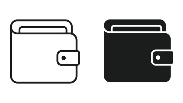 Modern wallet icon set featuring classic billfold design in outline and solid black vector format for financial services and personal finance mobile application interface elements