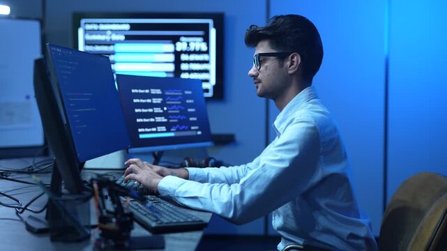 Professional male IT developer working on software development and coding, Programmer analyzing big data for SaaS platform and cybersecurity network, Modern computer technology and business concept
