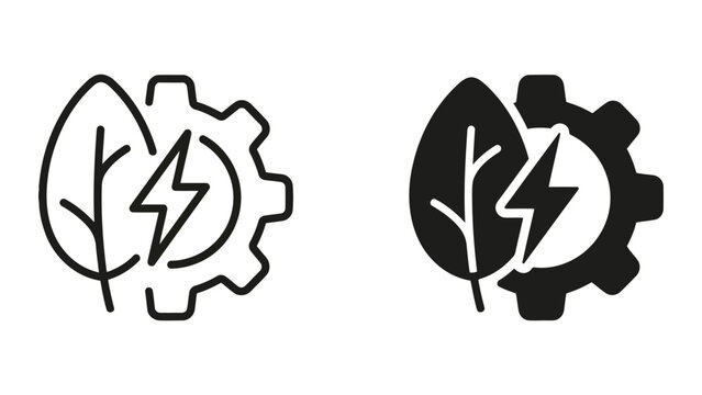 Green energy innovation icon set featuring gear and leaf with lightning bolt in outline and solid black vector style for renewable energy technology and environmental engineering branding