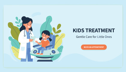 Obraz premium Gentle medical care banner showing a smiling female pediatrician checking a happy little girl in a modern clinic.