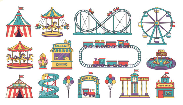 Detailed amusement park design elements including a roller coaster, ferris wheel, carousel, and food stalls.