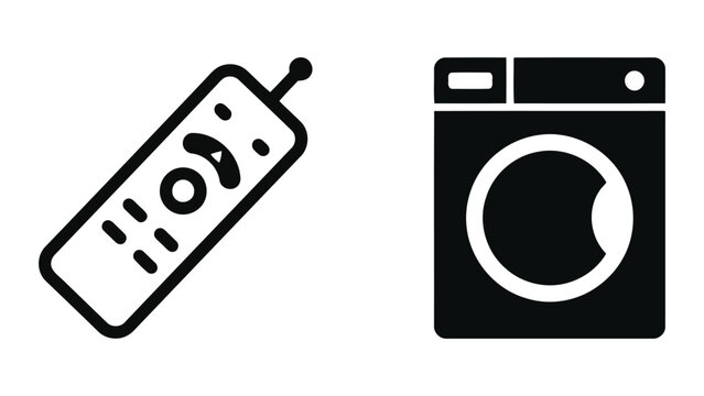 Universal laundry appliance and remote control icons set representing home electronics and maintenance services