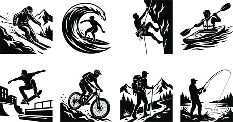 Extreme sports and outdoor adventure vector icons featuring skiing surfing climbing kayaking skateboarding mountain biking hiking and fishing © MstRehna