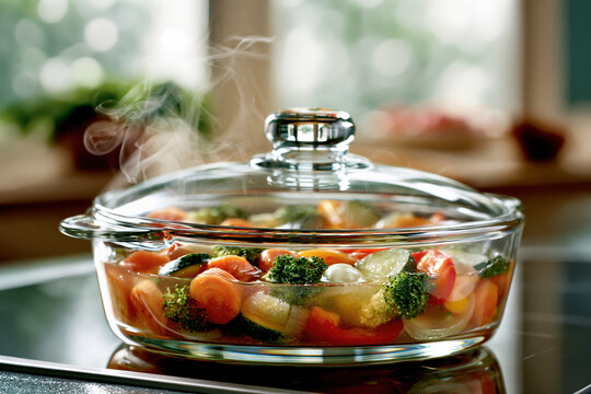 Steaming Vegetable Soup in Glass Casserole Dish. AI generative.