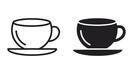 Fototapeta premium Classic coffee cup with saucer outline and solid icon set for cafe menu design and beverage branding
