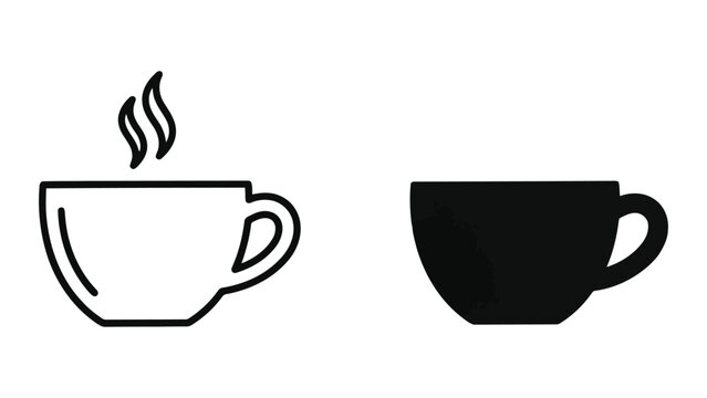 Hot coffee cup icons with steam in outline and solid black silhouette styles for cafe menu design and beverage industry graphics