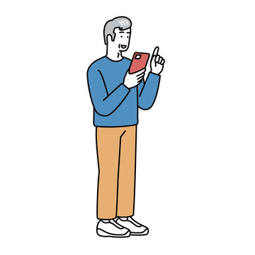 スマホを操作するシニア男性のイラスト　笑顔・デジタル活用・アクティブシニア