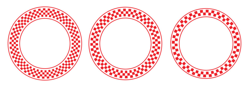 Circle checker frames. Round checkered borders, racing flag circle for start and finish. Geometric warped grid rings, radial mosaic vector set