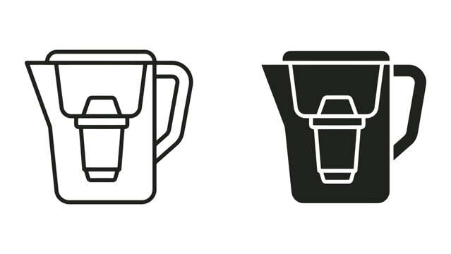 Water filter pitcher icon set showing outline and solid black silhouette versions for home water purification and healthy living digital content