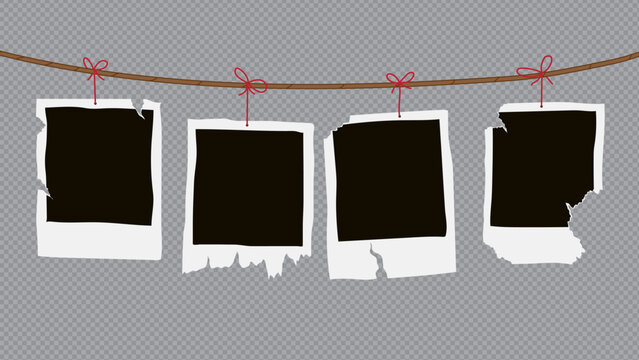 Blank Photo Frames and Empty Polaroid Pictures Hanging on Rope with Clothespins