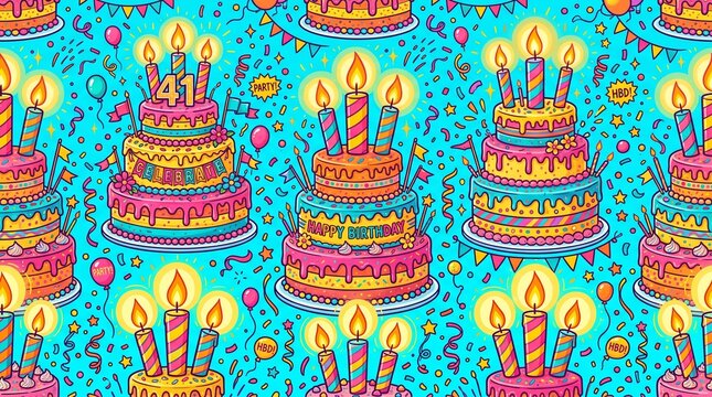 Vivid 41st Birthday Celebration Seamless Pattern with Layered Cakes