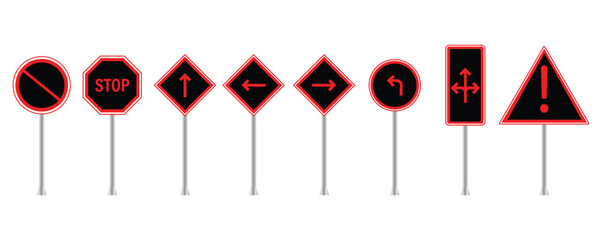 Road signs direction A collection of traffic and road signs standing upright on poles in a row  road signs isolated on a white background. Green traffic signs. © MSTRABEYA