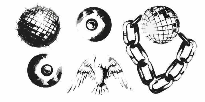 Disco balls chains and bird claw silhouette in black and white