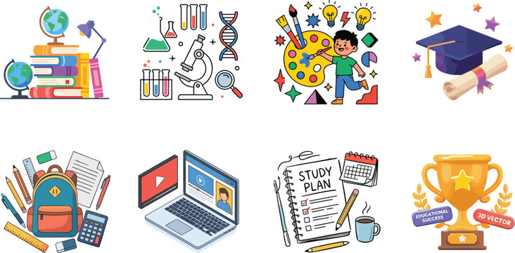 Set of education and school learning vector icons featuring books science equipment art laptop backpack and graduation cap isolated on white background