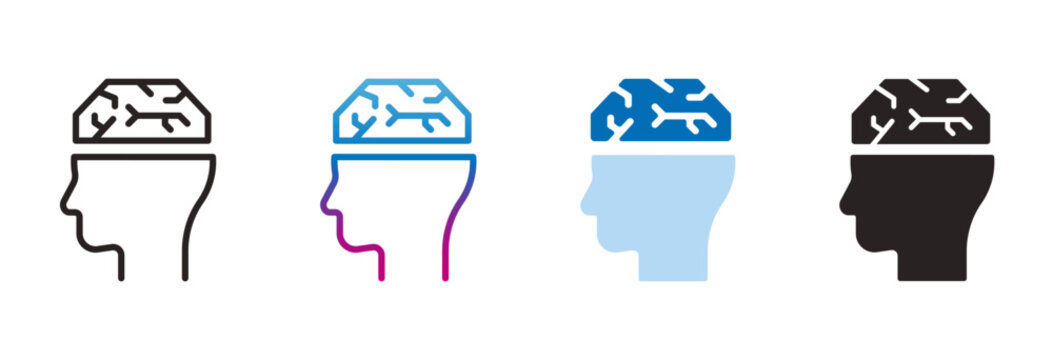横顔と脳のアイコン。思考と知能を表現した人物アイコン。A profile view and a brain icon.