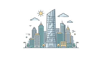 Obraz premium Modern city skyline with diverse architecture and sun