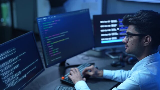 Professional male IT developer working on software development and coding, Programmer analyzing big data for SaaS platform and cybersecurity network, Modern computer technology and business concept