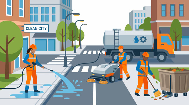 Clean City Street Cleaning Sanitation Workers with Water Truck Sweeping and Urban Waste Management Flat Style
