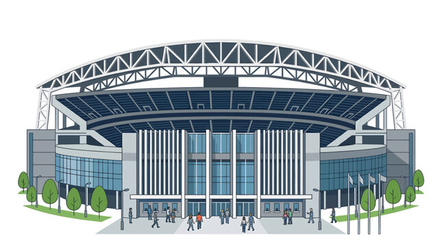 A detailed illustration of a large, modern sports stadium with people entering the main entrance, surrounded by trees and lights.