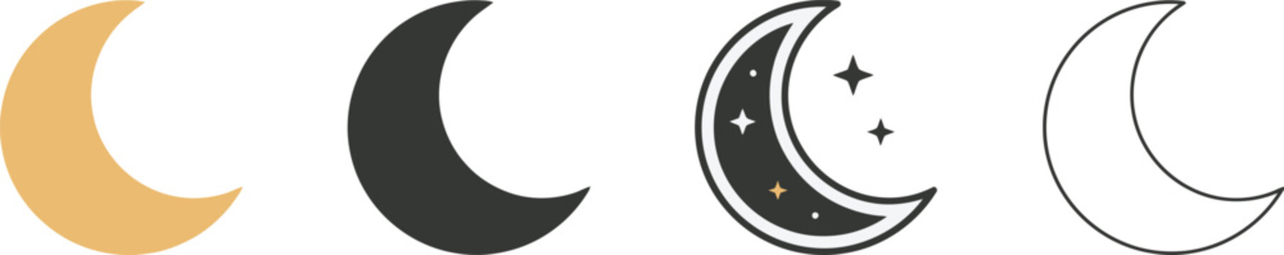 Set of four crescent moon featuring gold solid black silhouette decorative night sky and thin line styles for celestial