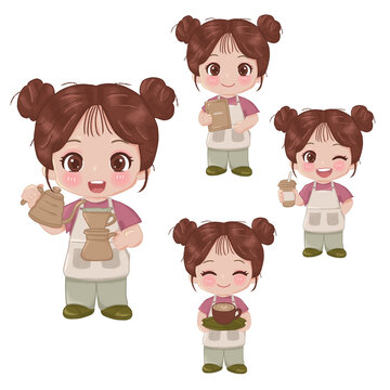 Adorable chibi female barista character collection, cute cafe waitress and coffee maker set
