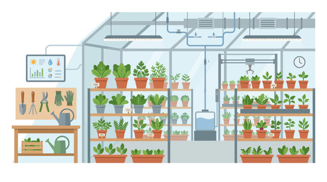 Greenhouse Room Interior Vector with Potted Plants Tools and Shelving