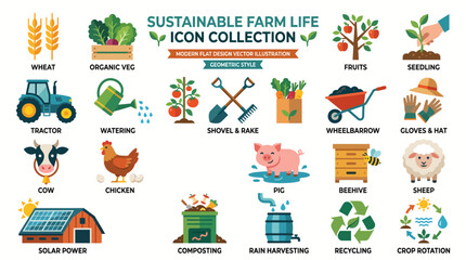 Fototapeta premium Sustainable Farm Life Icon Collection with Agriculture and Eco Symbols