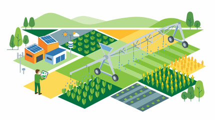 Fototapeta premium Smart Farm Isometric Irrigation System with Solar Panel and Crops