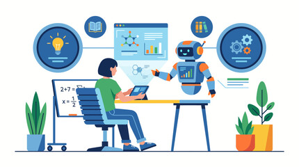 Naklejka premium Woman Working with AI Robot Assistant at Desk with Tech Icons Flat Vector