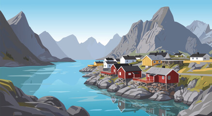 Scenic Norwegian Fishing Village Vector Illustration Featuring Colorful Houses and Majestic Mountains by a Serene Fjord for Travel Design © Purnomo Semlirick