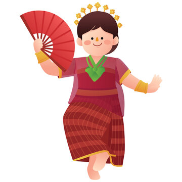 Tari Bamba Manurung Illustration, Illustration of a traditional Indonesian dancer holding a red fan while performing a cultural dance movement.
