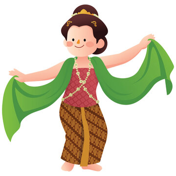 Tari Gambyong Illustration, Illustration of a female Indonesian dancer spreading a long green shawl during a traditional cultural performance.