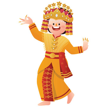 Tari Gending Sriwijaya Illustration, Illustration of a cheerful dancer in golden traditional costume performing Tari Gending Sriwijaya from South Sumatra.